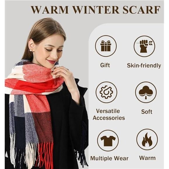 Blanket Scarf Long Plaid Women's Chunky Oversized Fall Warm Winter Brown Red - Picture 4 of 7